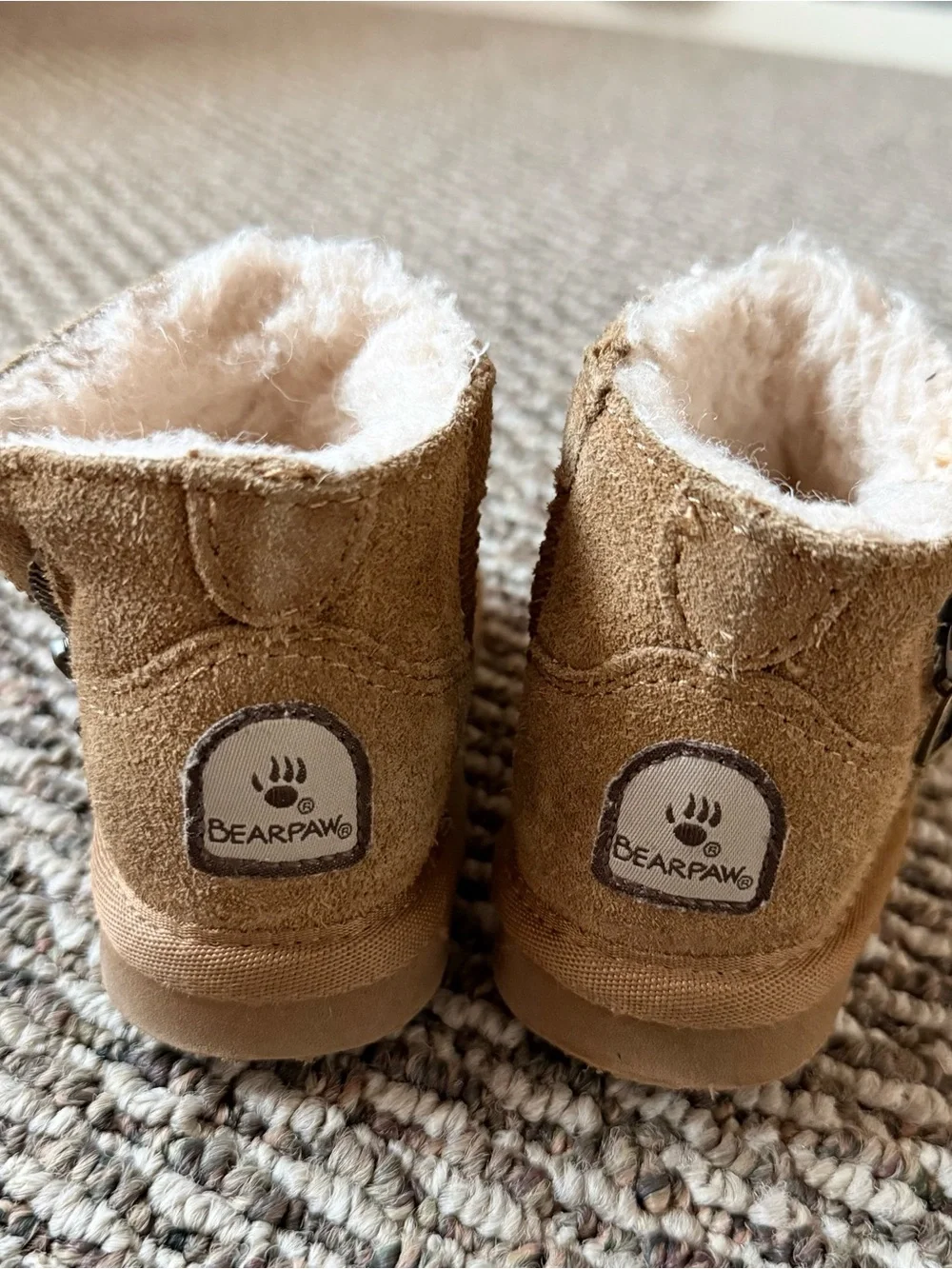BearPaw Kids Tan Suede Shearling-Lined Slippers with Side Zipper